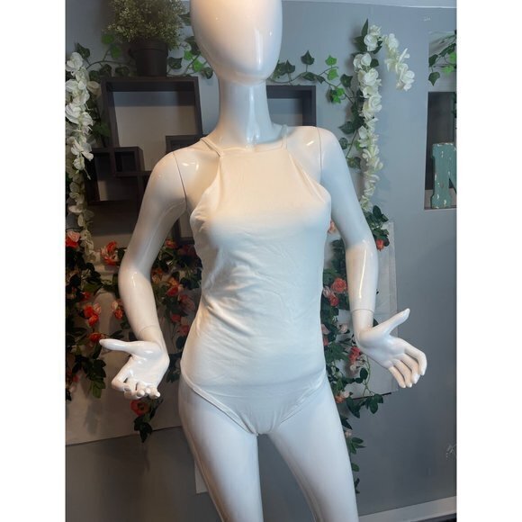 Haute Monde Hight Neck‎ Off White Thong Snap Bottom Bodysuit Size M RefFNB - Picture 5 of 8